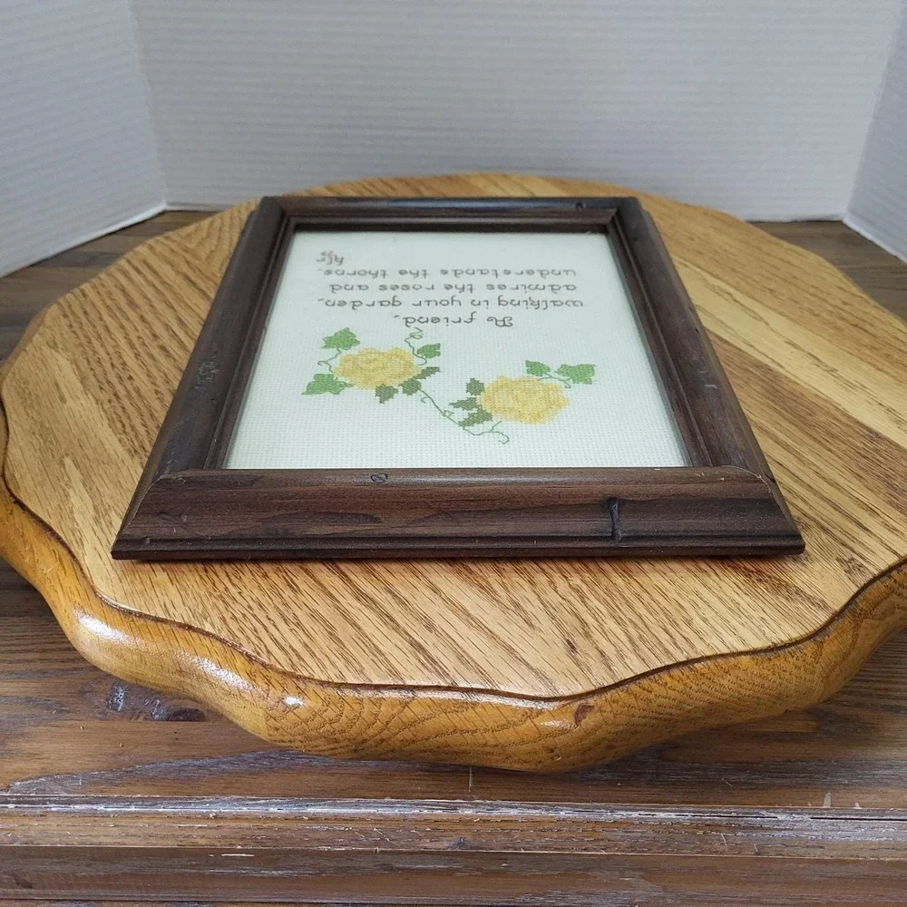 VTG Wood Framed Cross Stitch Needlepoint Friend Walking Garden Picture Roses
